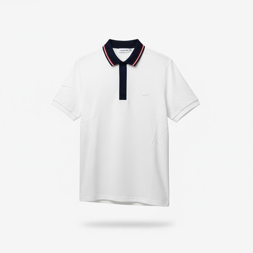 Polo Lacoste Blanc à Col Noir – Élégance Contrastée Homme