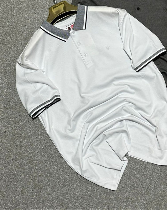 POLO105 – Polo Homme Chic à Col Rayé – Blanc