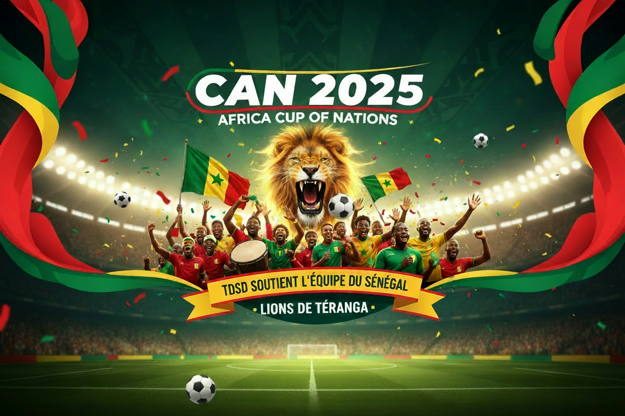 UNE BANNIERE AVEC COMME ULISTRATRION LA CAN 2025 ET REPRESENTER TDSD SOUTIENT L EQUIPE DU SENEGAL